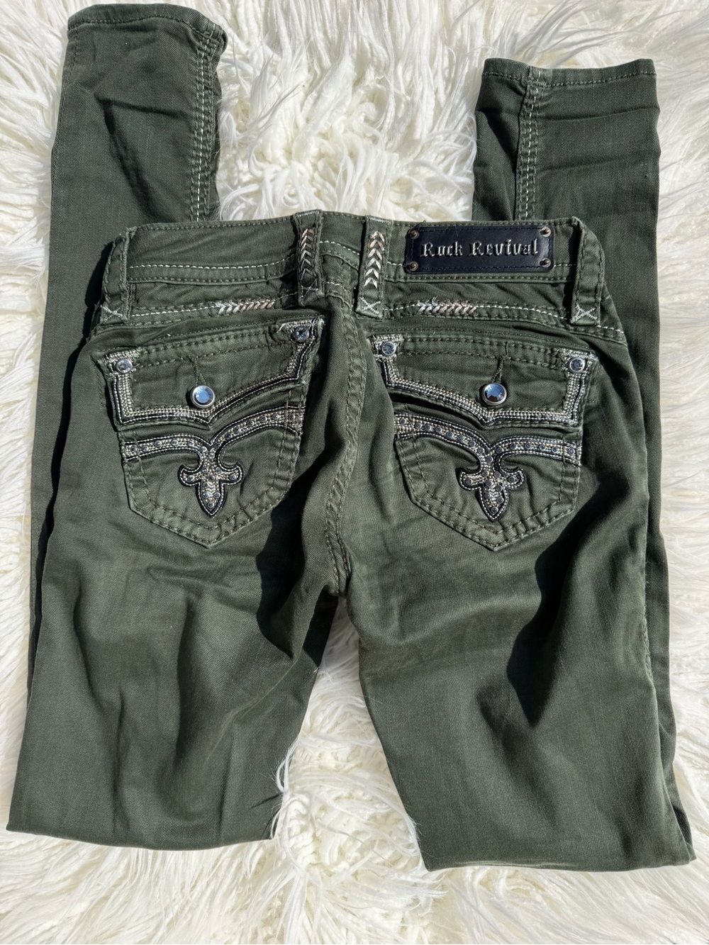 Rock Revival Women's Olive Skinny Jeans with Embellished Back Pockets